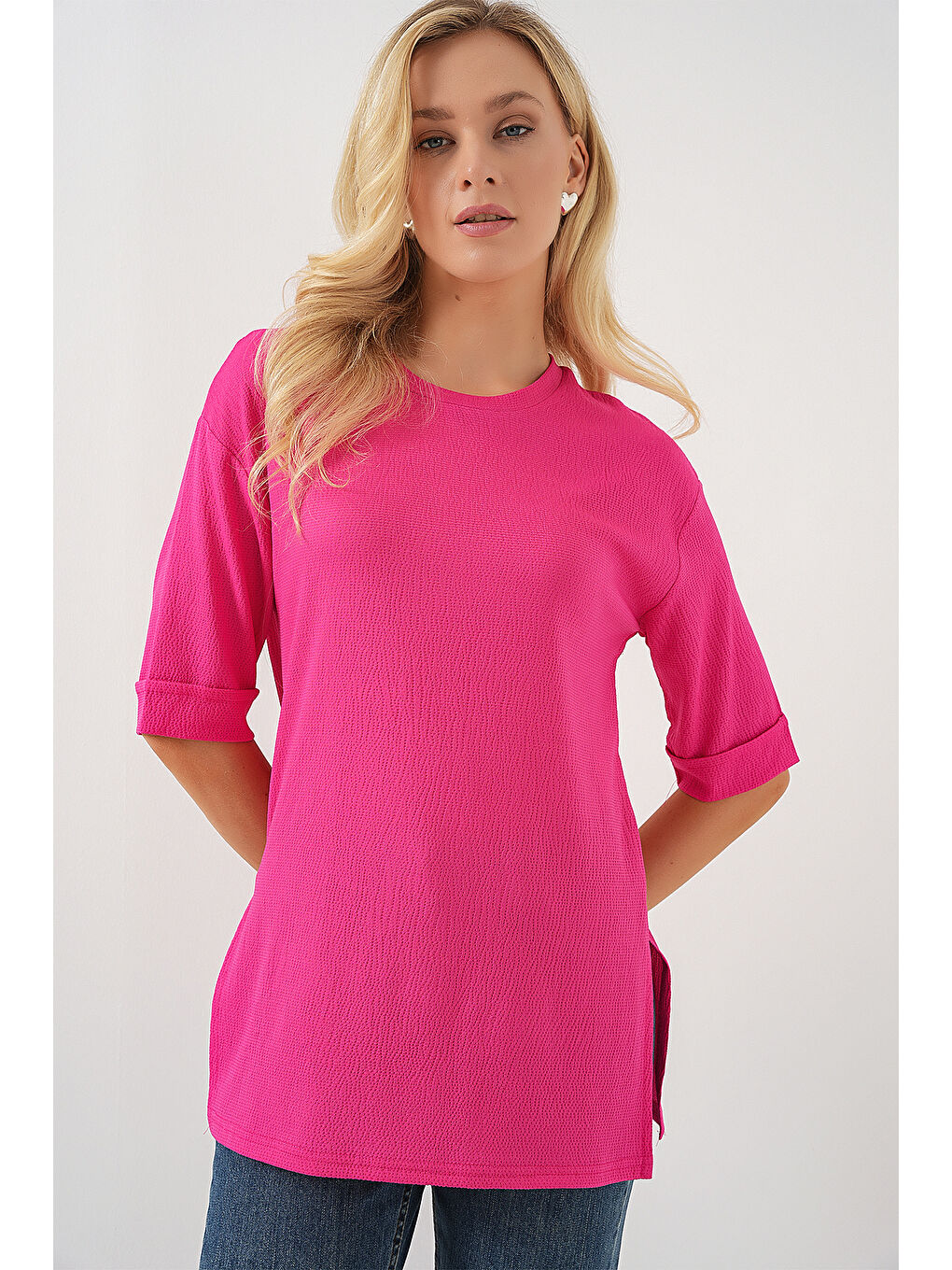 4332 Yanı Yırtmaçlı Örme Tişört - Fuşya-3