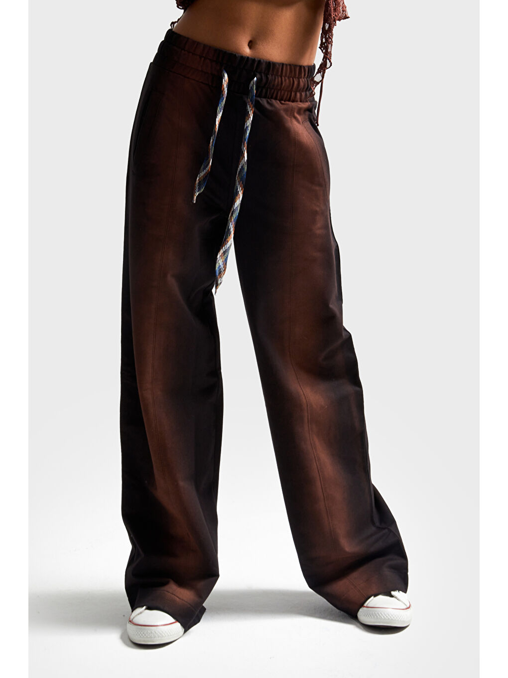 Kadın Kahverengi W5-1 Özel Yıkamalı Bol Kesim Esnek Kumaş Özel Tasarım Eşofman Pantolon-4