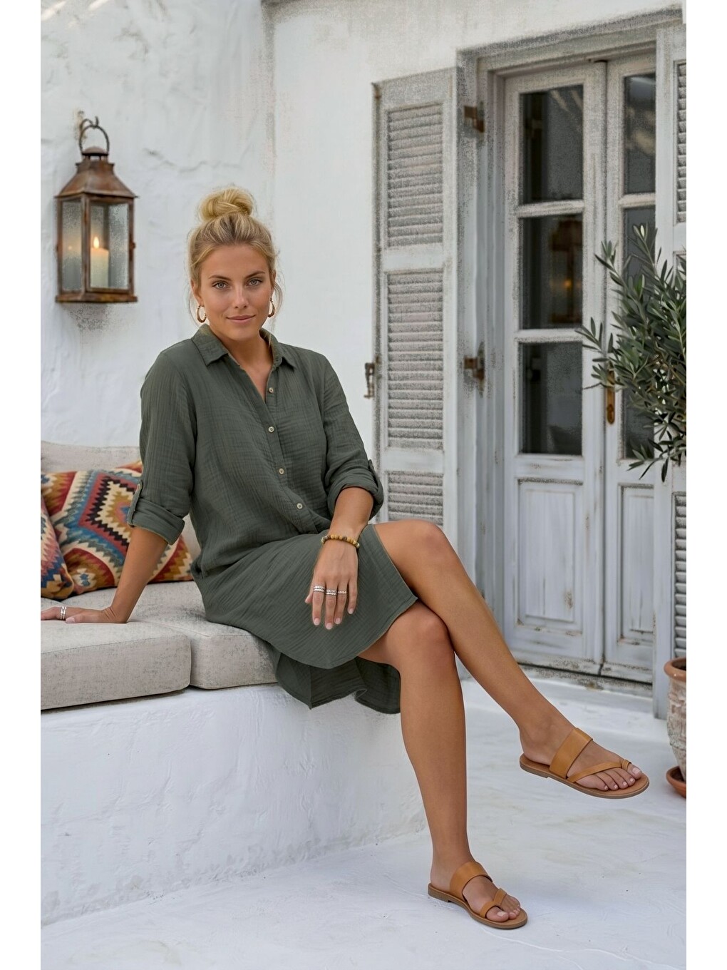 Haki Gömlek Yaka 3/4 Kol Düğmeli Cepli Casual Müslin Oversize Dokuma Elbise 97 65-6