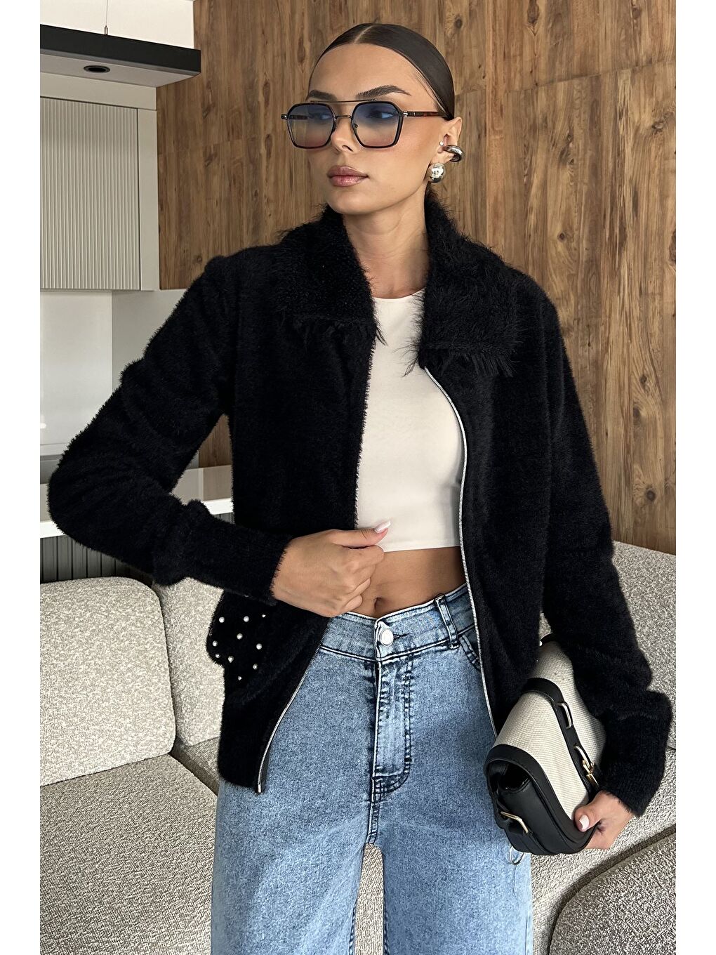 Siyah Cep Boncuklu Şardonlu Triko Ceket (s,m,l,xl Uyumludur)