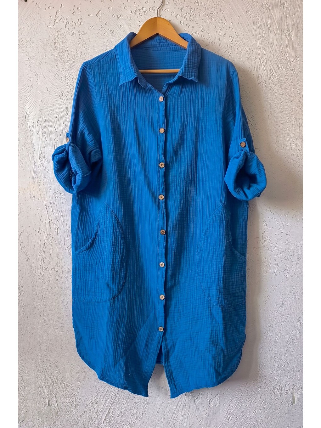 Mavi Gömlek Yaka 3/4 Kol Düğmeli Cepli Casual Müslin Oversize Dokuma Elbise 97 65-1