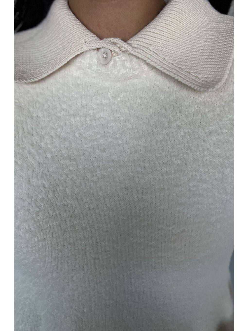 Ekru Gömlek Yaka Şardonlu Triko Bluz (s,m,l,xl Uyumludur)-2