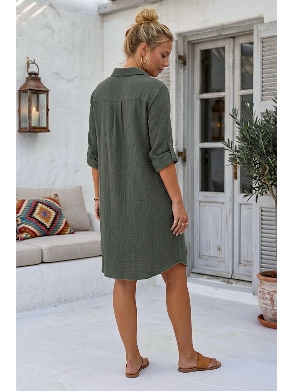 Haki Gömlek Yaka 3/4 Kol Düğmeli Cepli Casual Müslin Oversize Dokuma Elbise 97 65-7