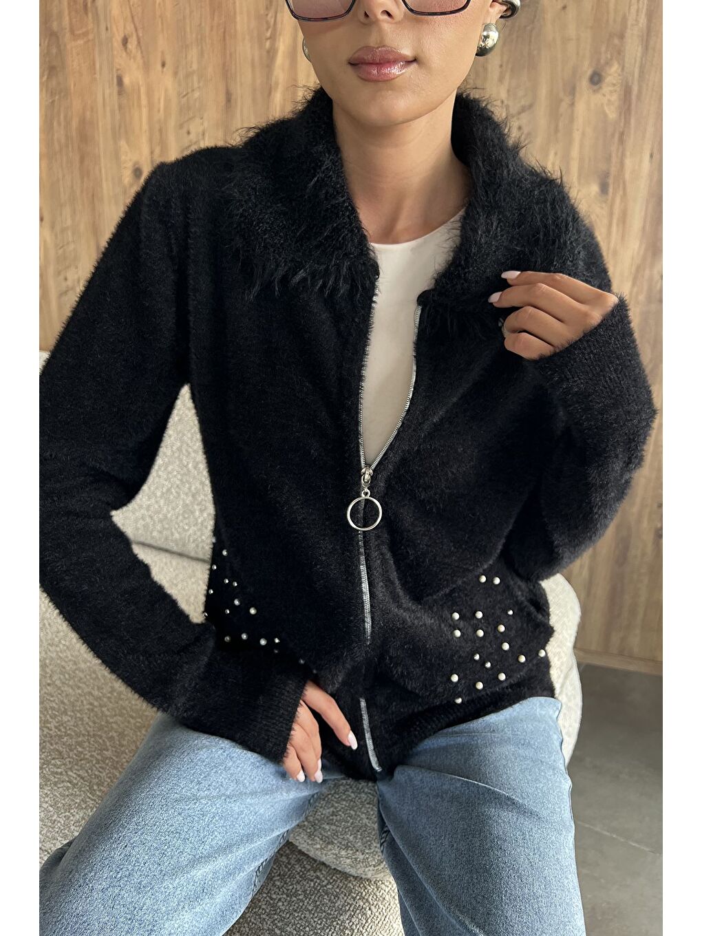 Siyah Cep Boncuklu Şardonlu Triko Ceket (s,m,l,xl Uyumludur)-1