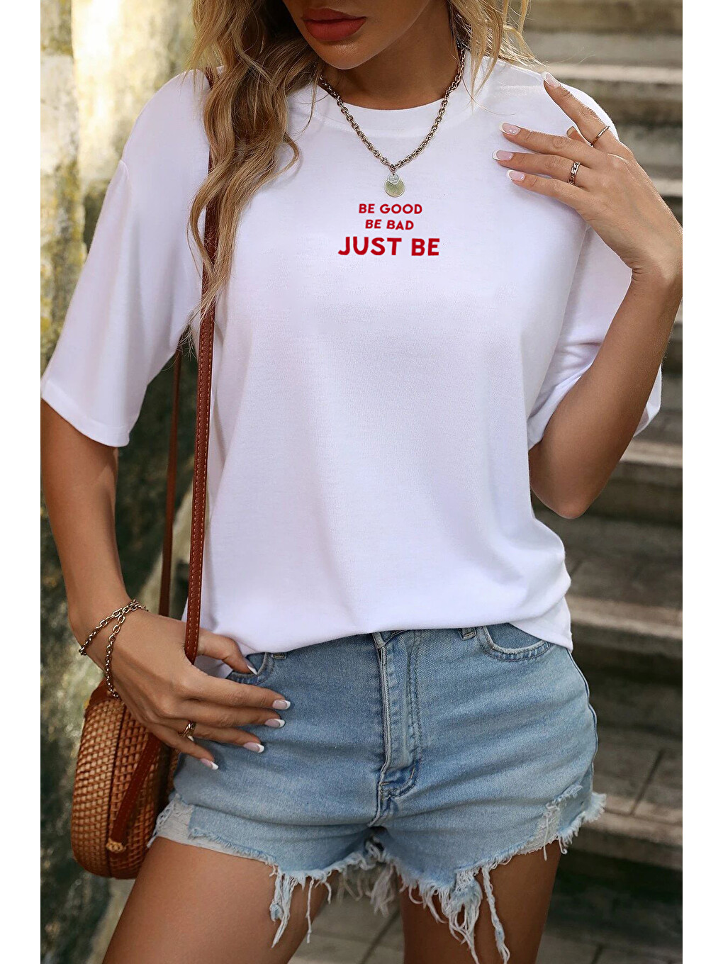 Beyaz Be good be bad  Baskılı Oversize %100 Pamuk Kadın Tişört