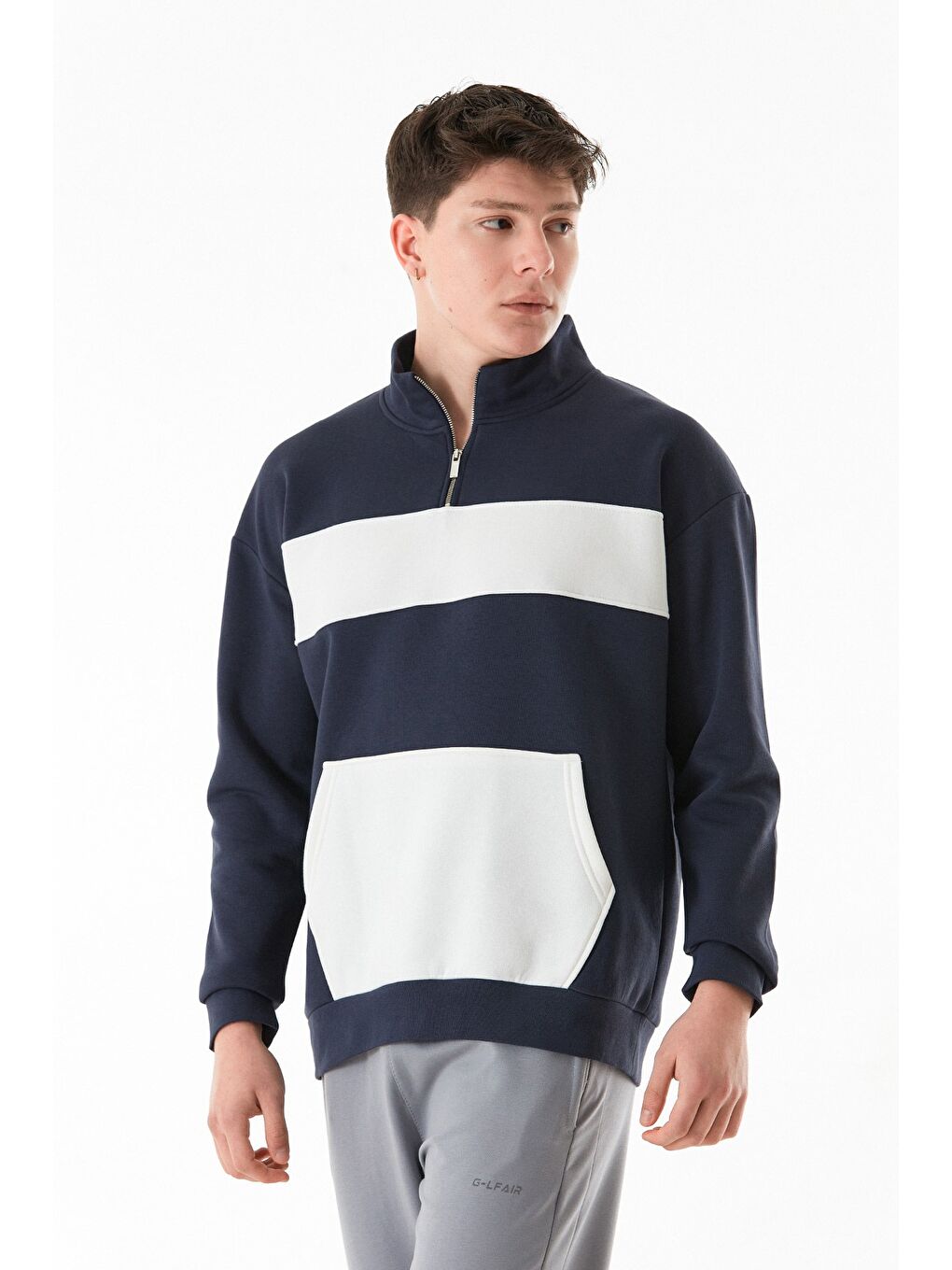 İndigo 3 İplik Renk Bloklu Yarım Fermuarlı Kanguru Cep Sweatshirt-2