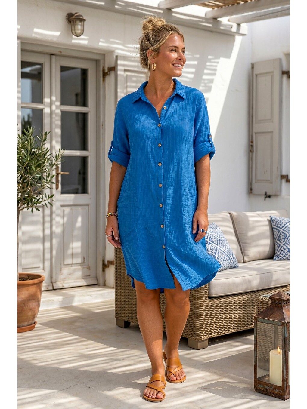 Mavi Gömlek Yaka 3/4 Kol Düğmeli Cepli Casual Müslin Oversize Dokuma Elbise 97 65-3