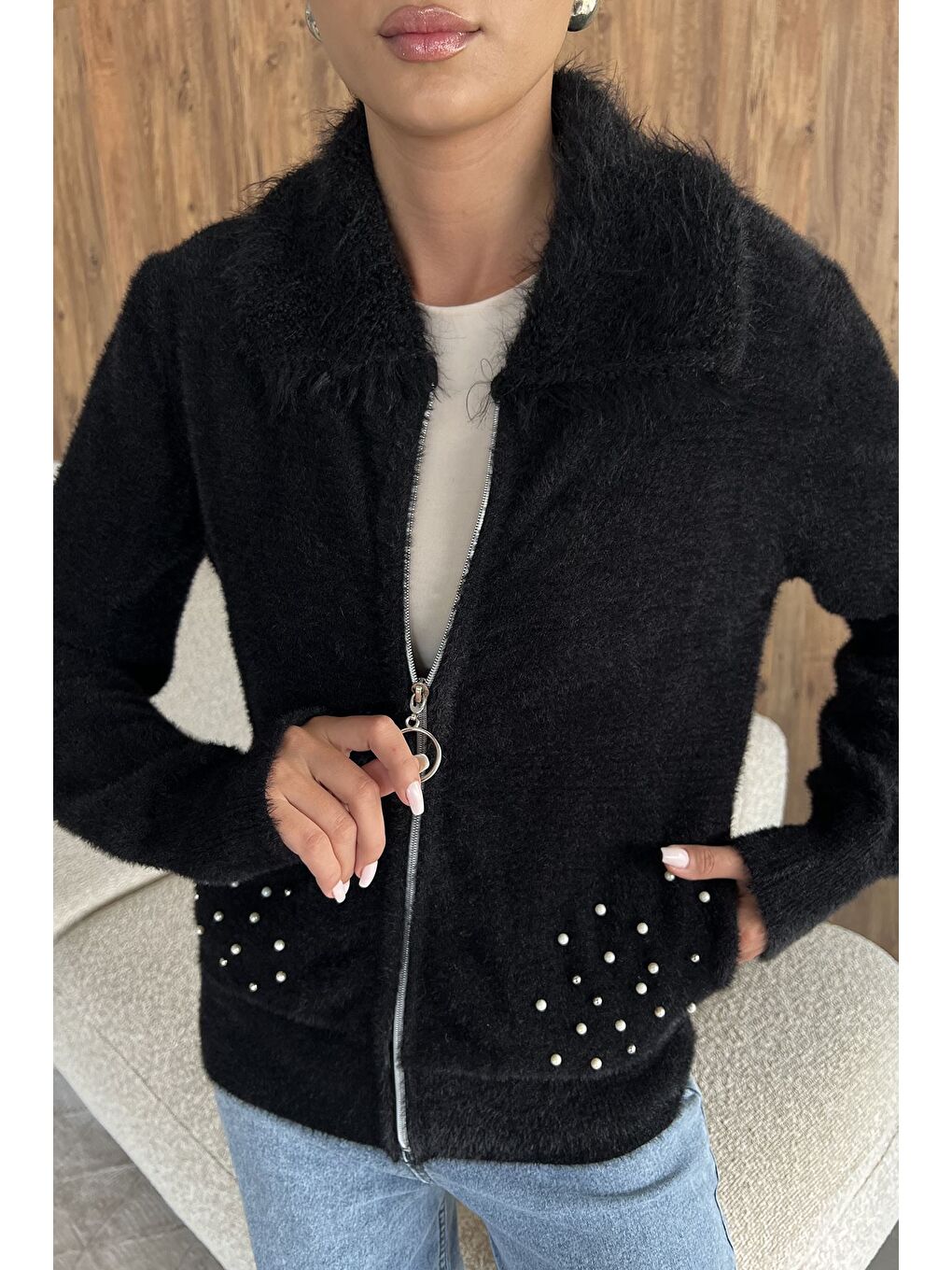 Siyah Cep Boncuklu Şardonlu Triko Ceket (s,m,l,xl Uyumludur)-2