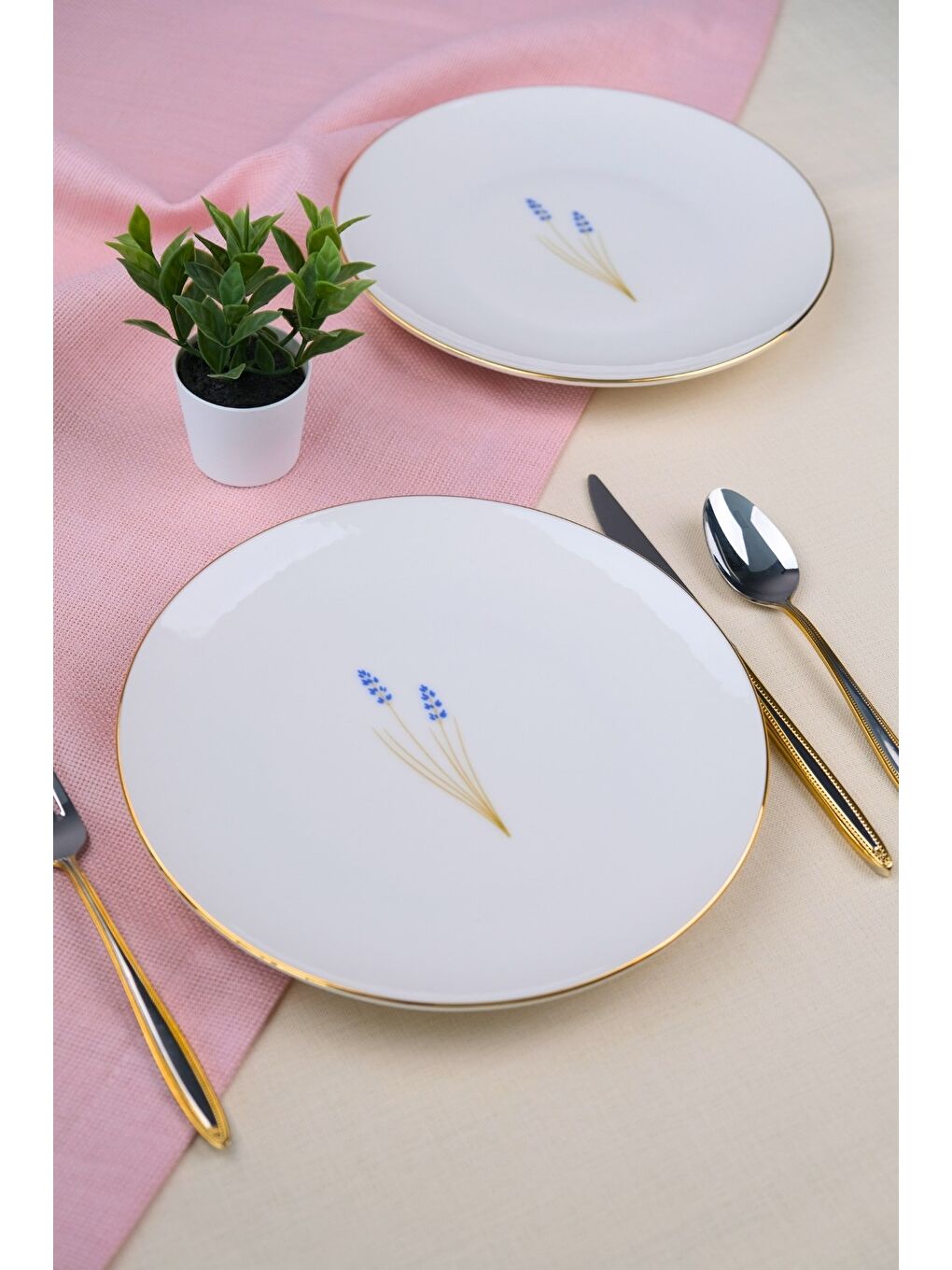 Beyaz Porselen Natura Lavanta Altın Yaldız Pasta Tabağı 20,50cm 2 li