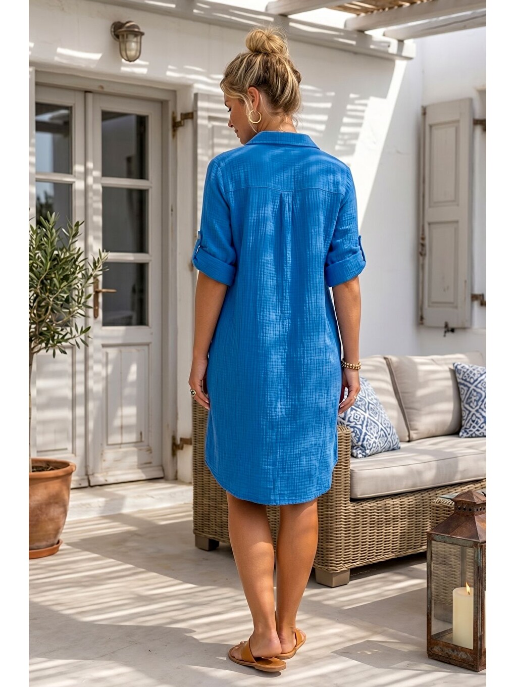 Mavi Gömlek Yaka 3/4 Kol Düğmeli Cepli Casual Müslin Oversize Dokuma Elbise 97 65-5
