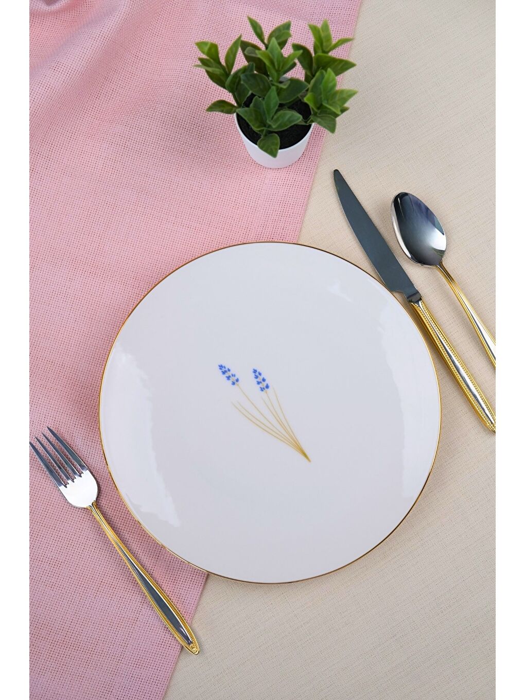 Beyaz Porselen Natura Lavanta Altın Yaldız Pasta Tabağı 20,50cm Tekli-1