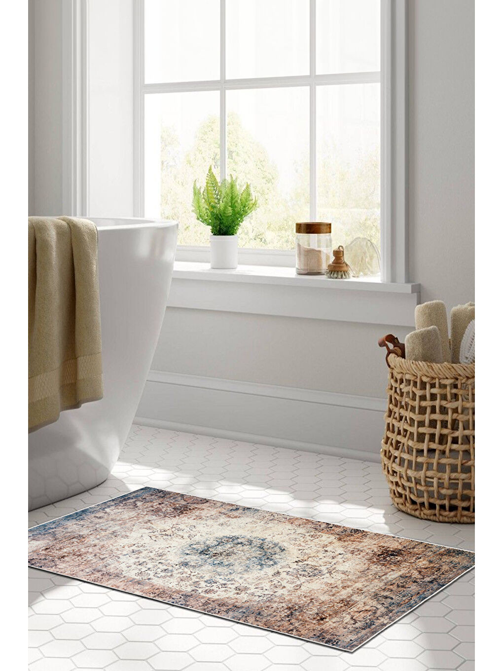 Bej Dekoratif Özel Tasarım Yıkanabilir İnce Kaymaz Tabanlı Modern Halı KECE FR38-3