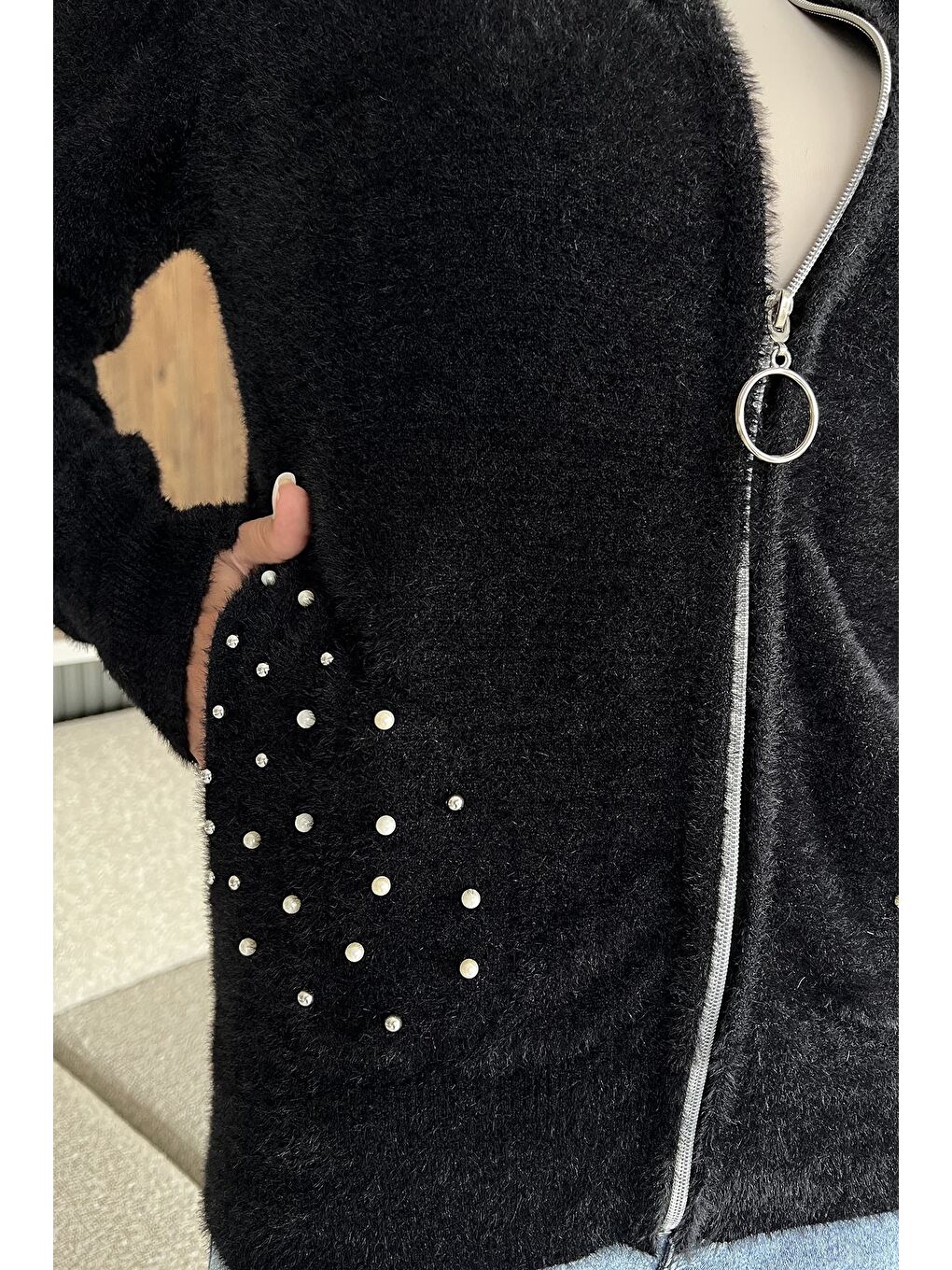 Siyah Cep Boncuklu Şardonlu Triko Ceket (s,m,l,xl Uyumludur)-4