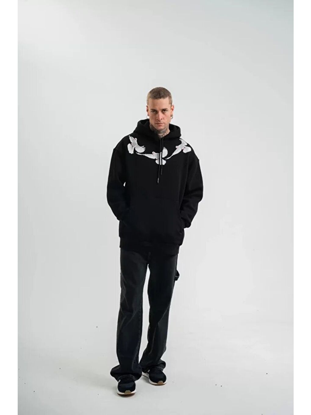 Unisex Uzun Kol Bisiklet Yaka Yıkamalı SweatShirt - Siyah-1