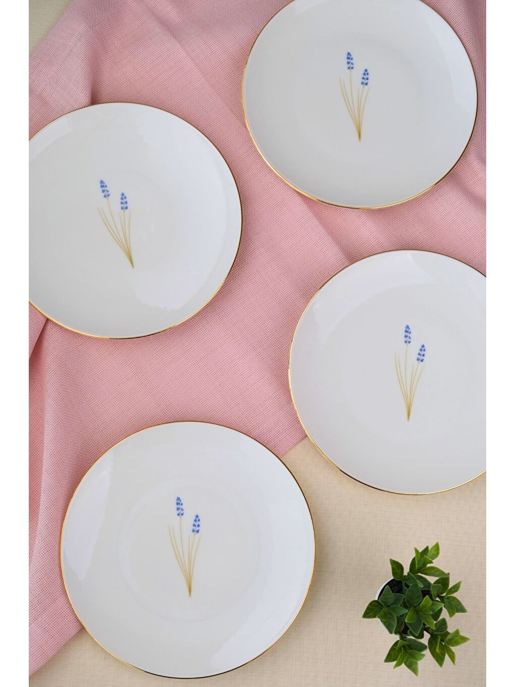 Beyaz Porselen Natura Lavanta Altın Yaldız Pasta Tabağı 20,50cm 4 lü
