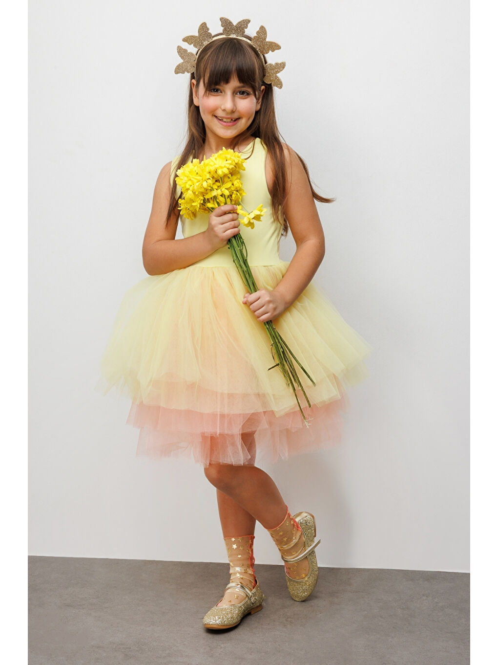 Sarı Tül Etekli Kız Çocuk Balerin Elbise - Carmen