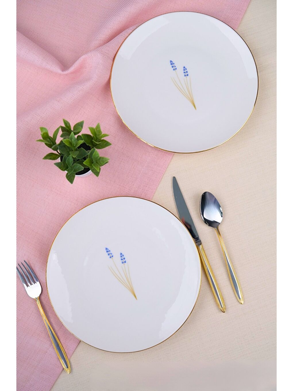 Beyaz Porselen Natura Lavanta Altın Yaldız Pasta Tabağı 20,50cm 2 li-1