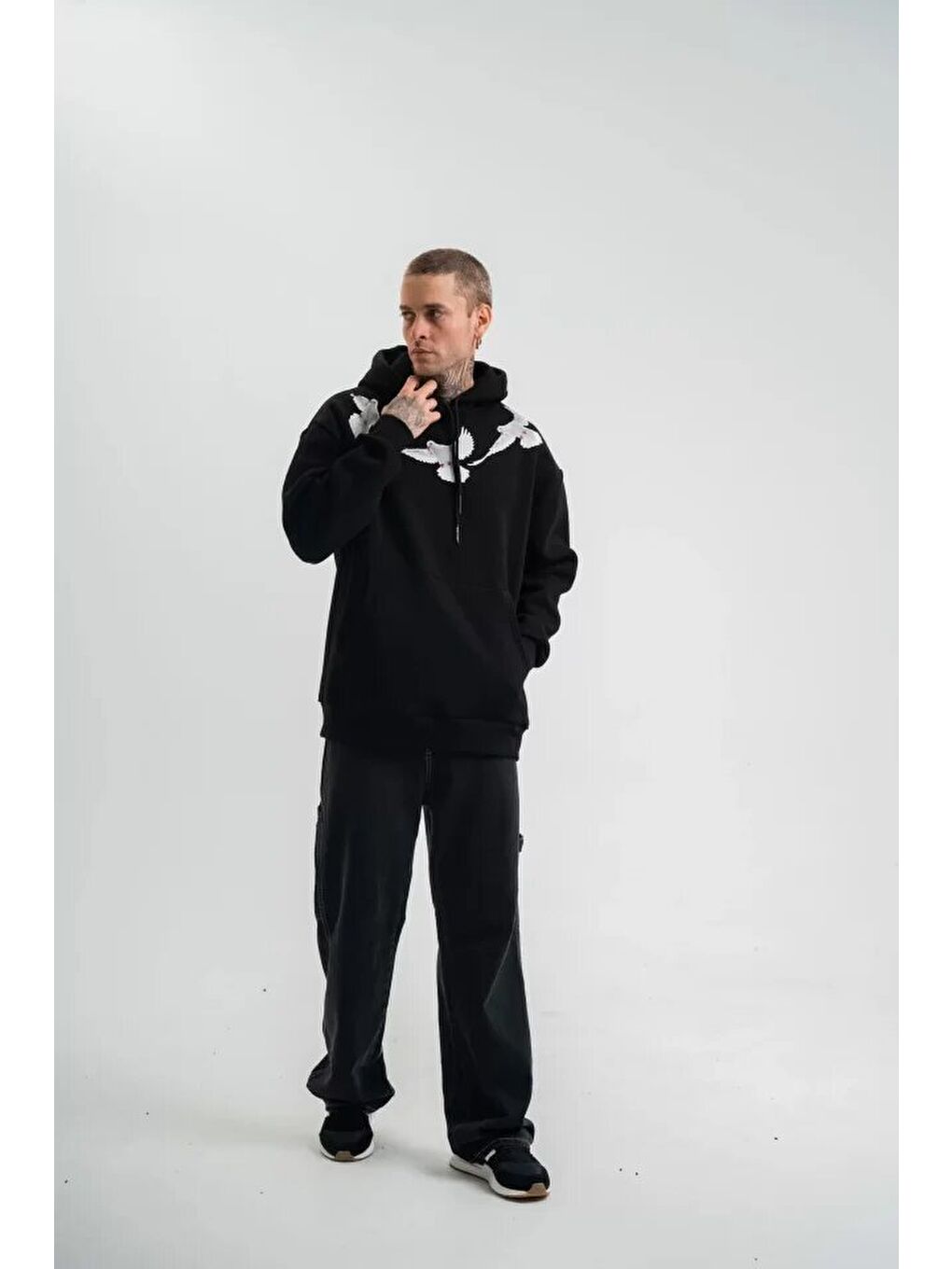 Unisex Uzun Kol Bisiklet Yaka Yıkamalı SweatShirt - Siyah-2