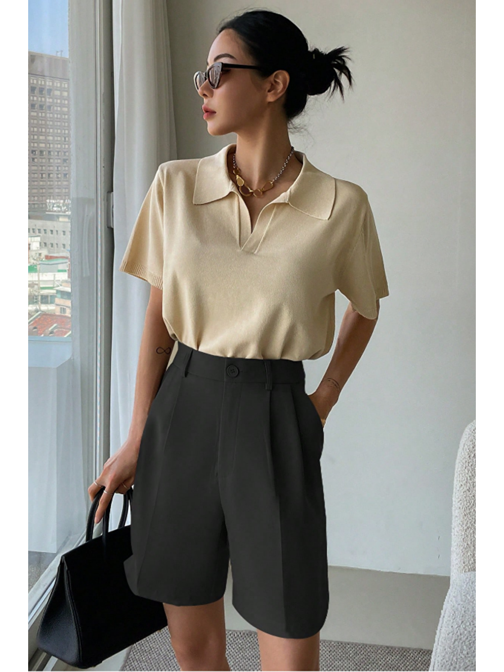 Kadın Kısa Paça Yüksek Bel Oversize Fermuarlı Siyah Şort-4