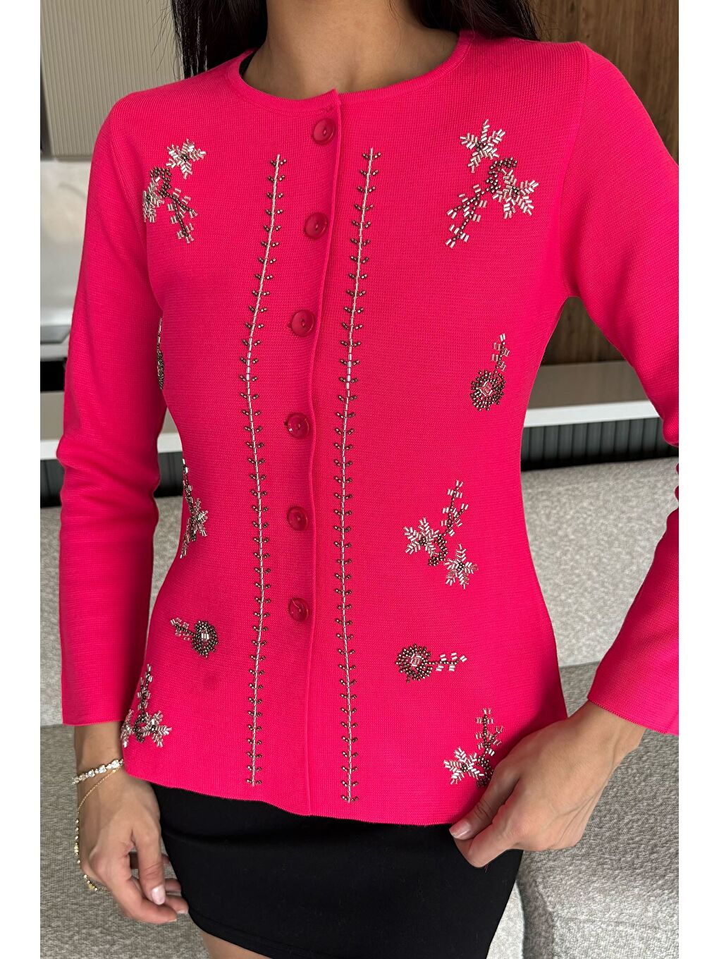 Fuşya Taşlı Triko Hırka-1