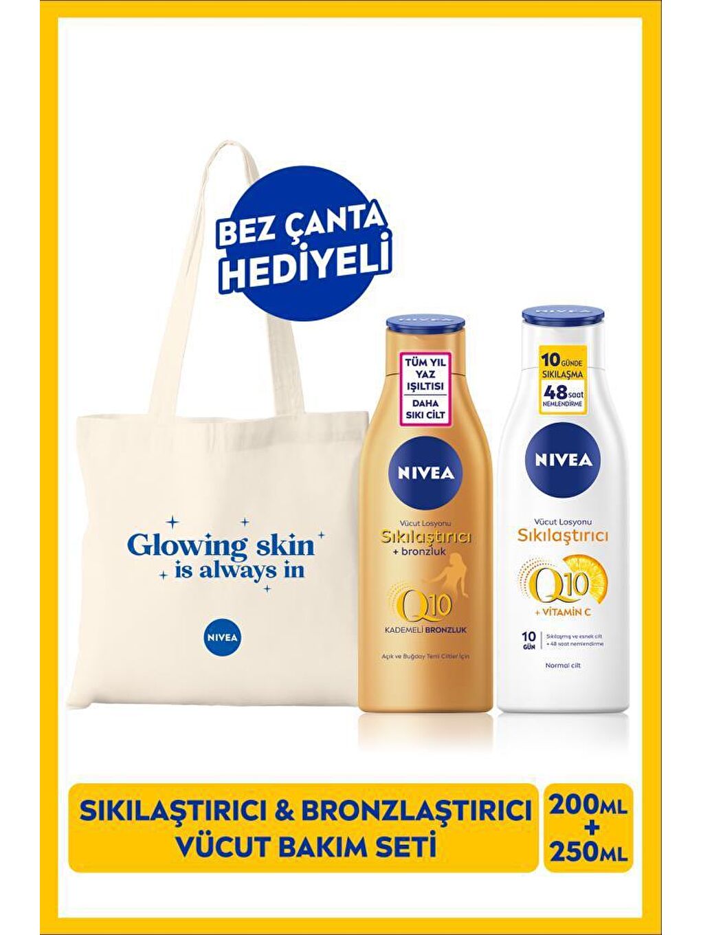 NIVEA Q10 Sıkılaştırıcı Vücut Losyonu 250ml ve Bronzlaştırıcı Vücut Losyonu 200ml, Bez Çanta Hediyeli