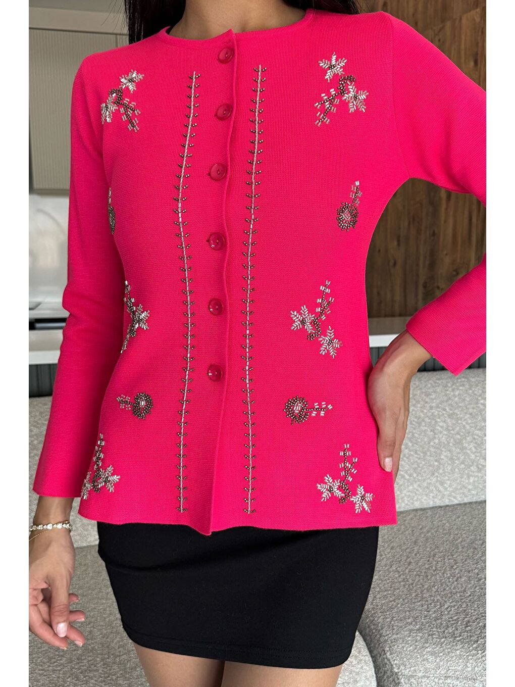 Fuşya Taşlı Triko Hırka-2