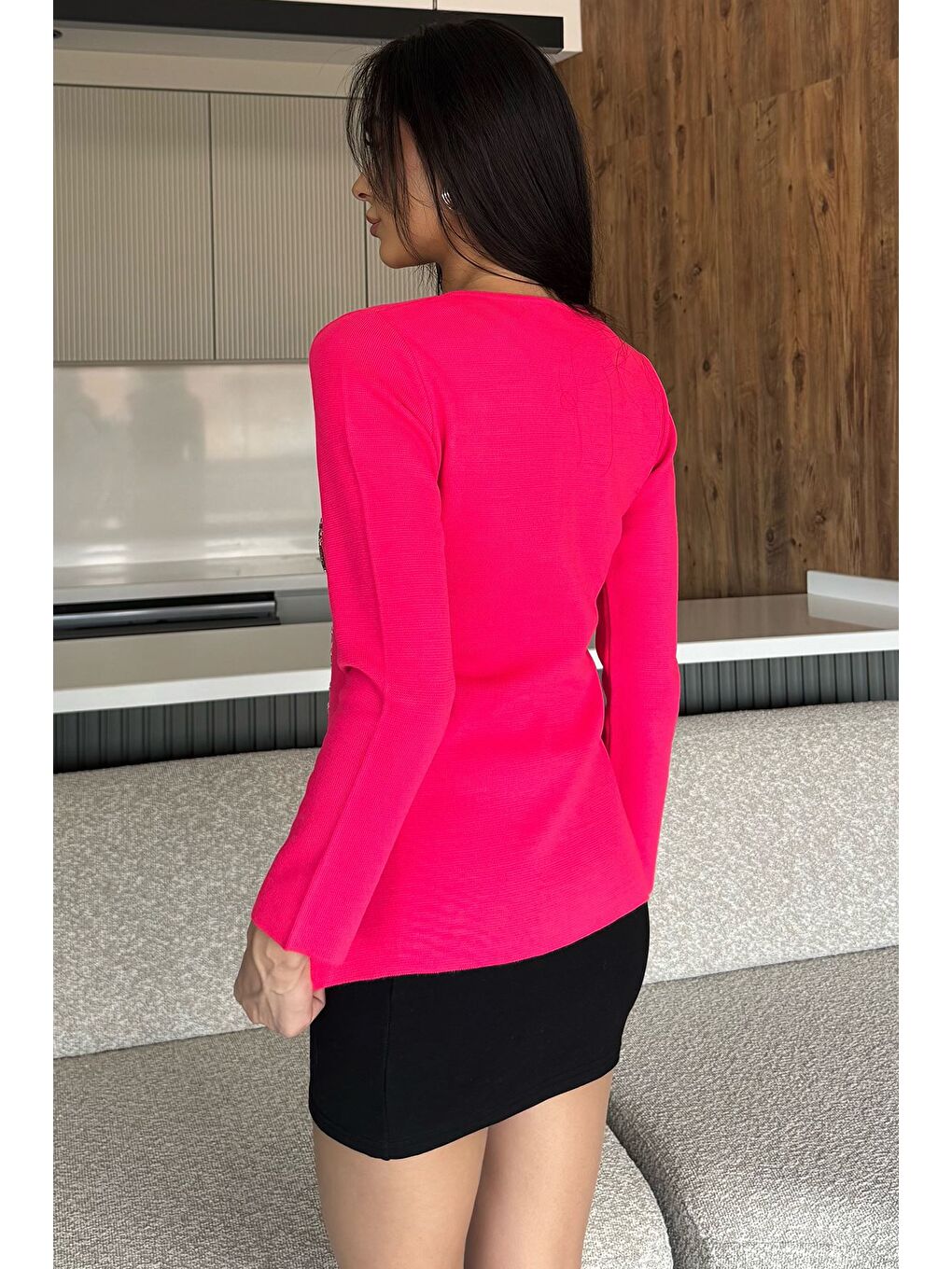 Fuşya Taşlı Triko Hırka-3