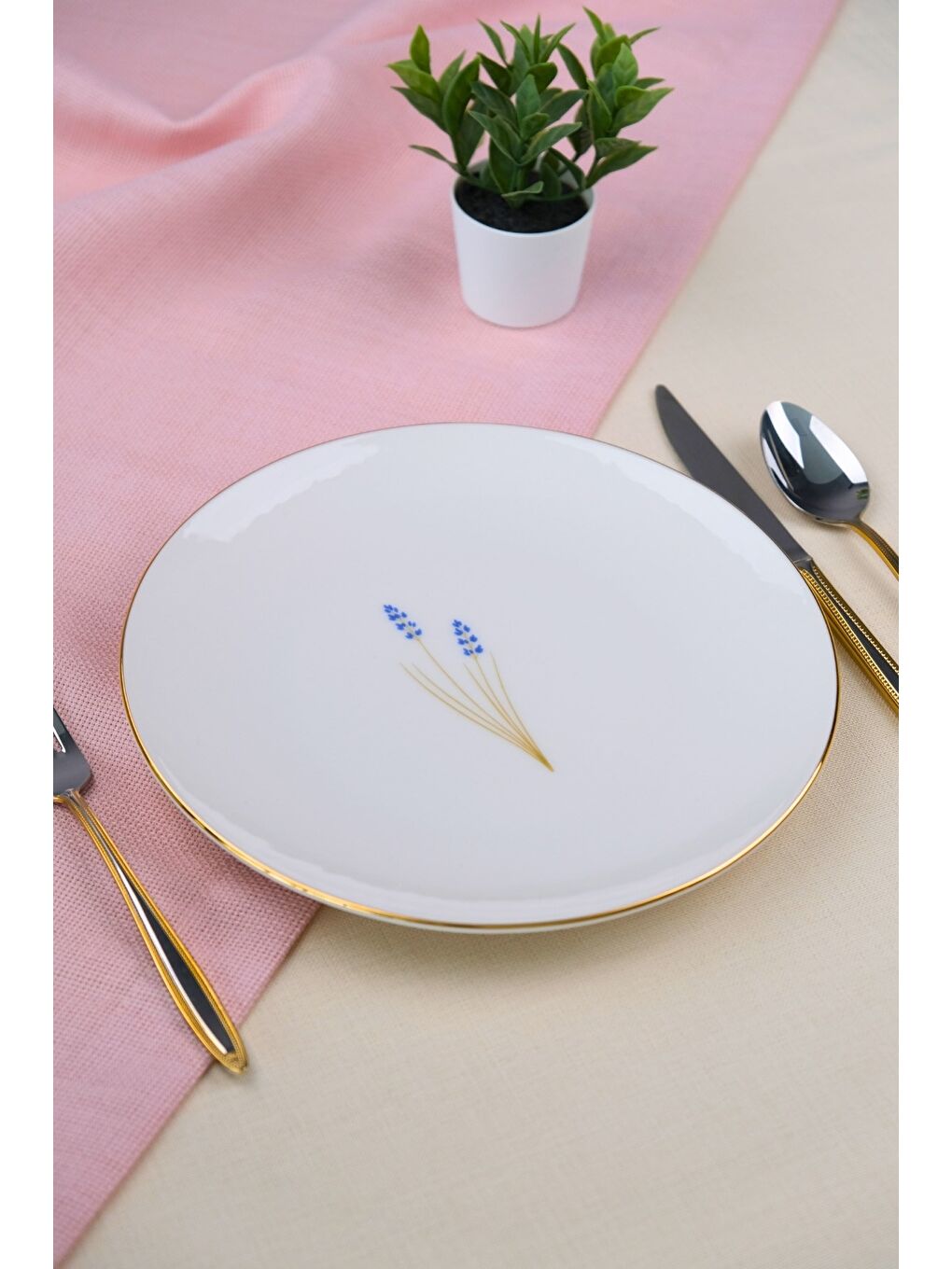 Beyaz Porselen Natura Lavanta Altın Yaldız Pasta Tabağı 20,50cm Tekli-2