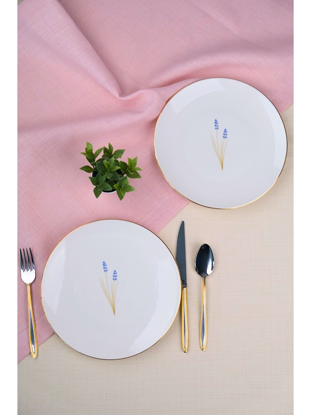 Beyaz Porselen Natura Lavanta Altın Yaldız Pasta Tabağı 20,50cm 2 li-2