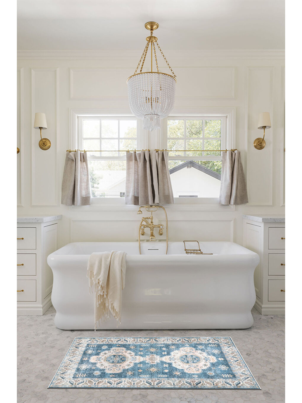 Mavi Dekoratif Özel Tasarım Yıkanabilir İnce Kaymaz Tabanlı Modern Halı KECE FR37-3