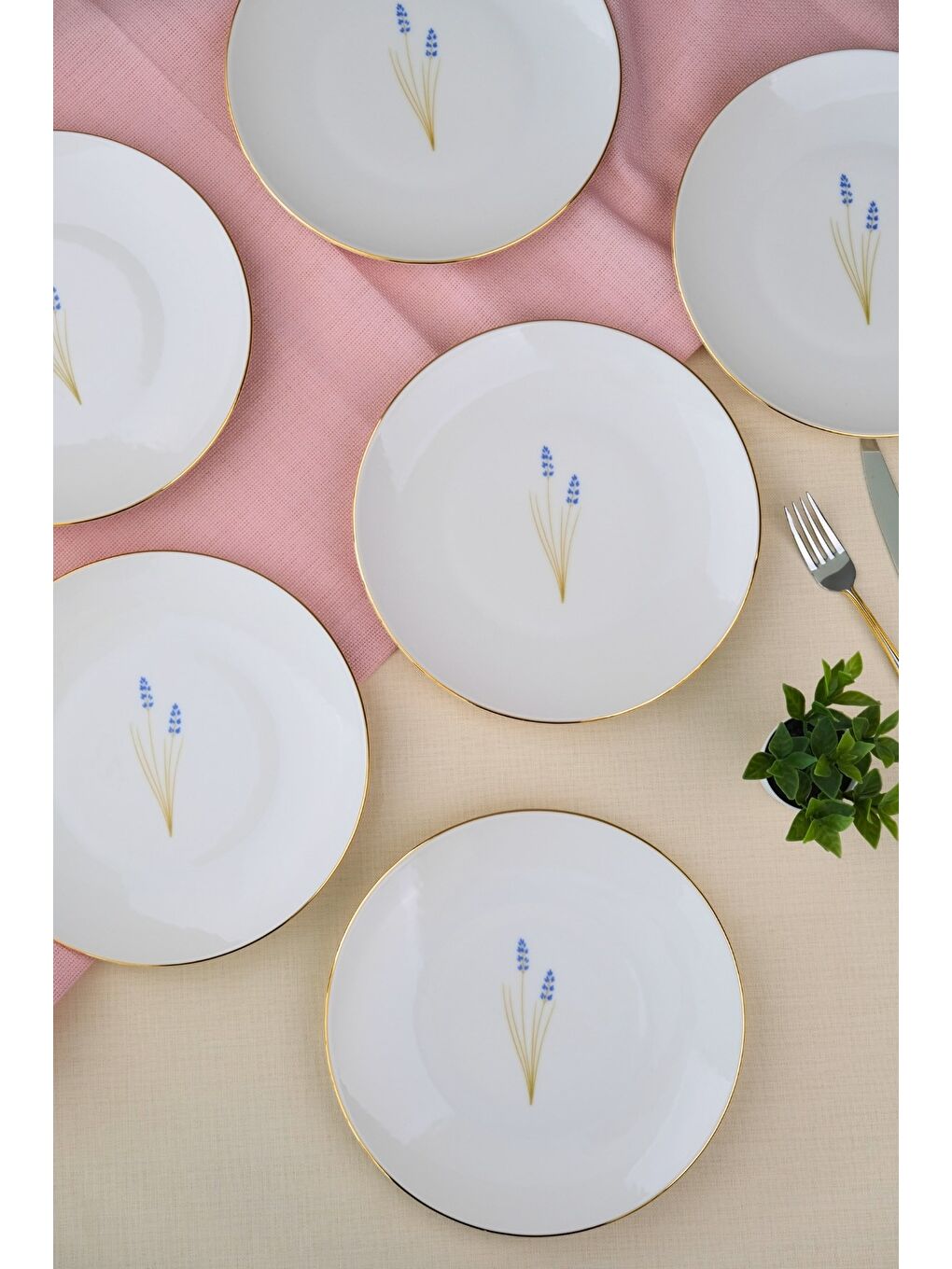 Beyaz Porselen Natura Lavanta Altın Yaldız Pasta Tabağı 20,50cm 6 lı