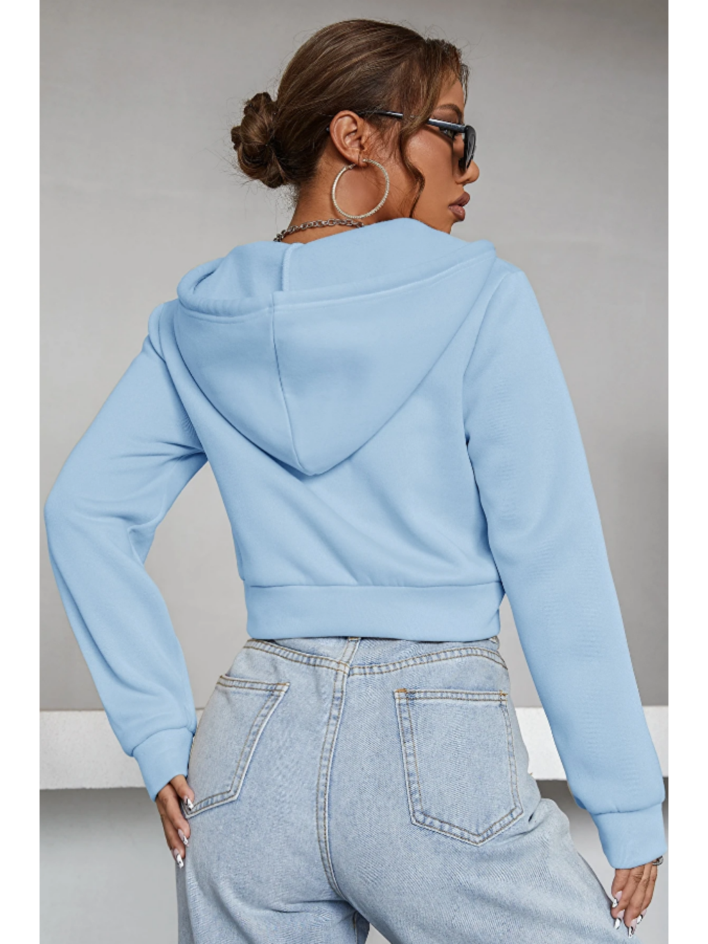 Kadın Kapüşonlu Şardonlu Mavi Renk Crop Sweatshirt-5