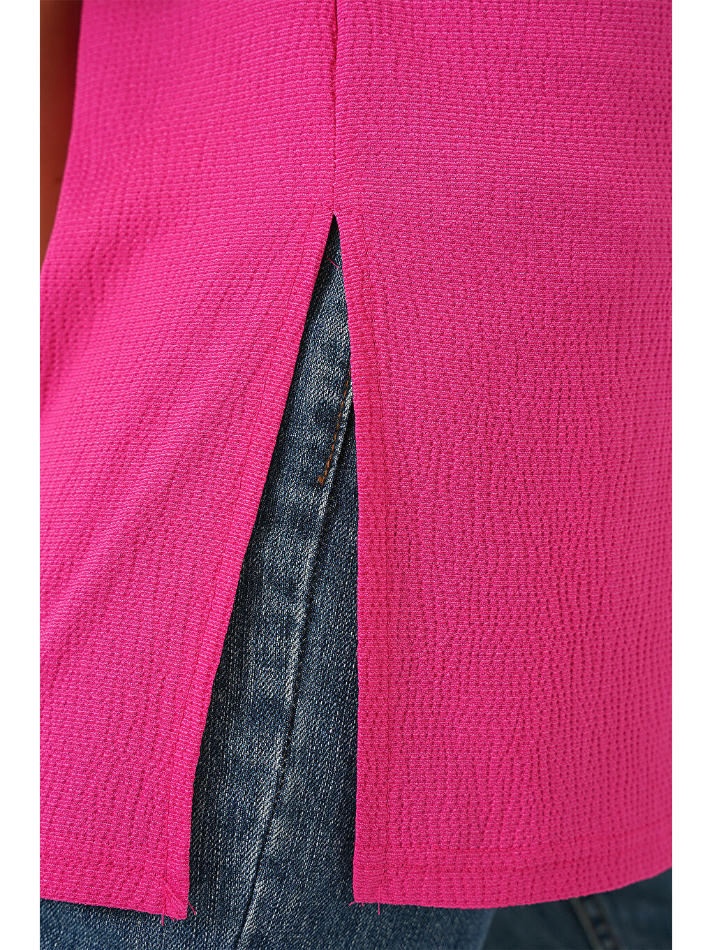 4332 Yanı Yırtmaçlı Örme Tişört - Fuşya-4