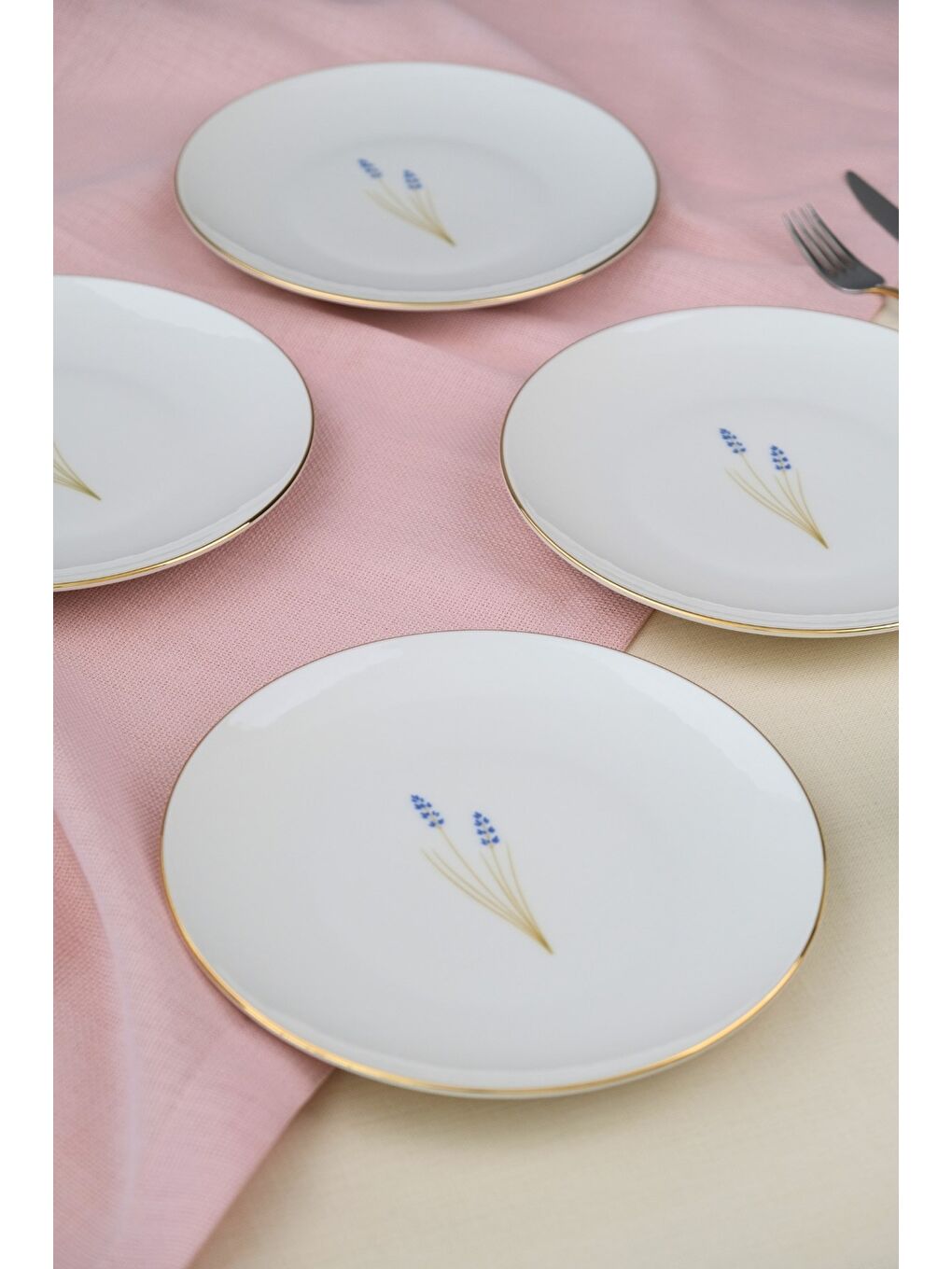 Beyaz Porselen Natura Lavanta Altın Yaldız Pasta Tabağı 20,50cm 4 lü-1