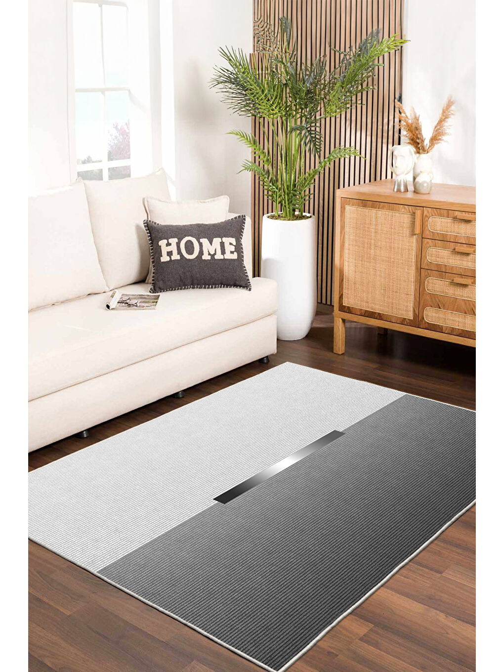 Gri Dekoratif Özel Tasarım Yıkanabilir İnce Kaymaz Tabanlı Modern Halı KECE FR45-1