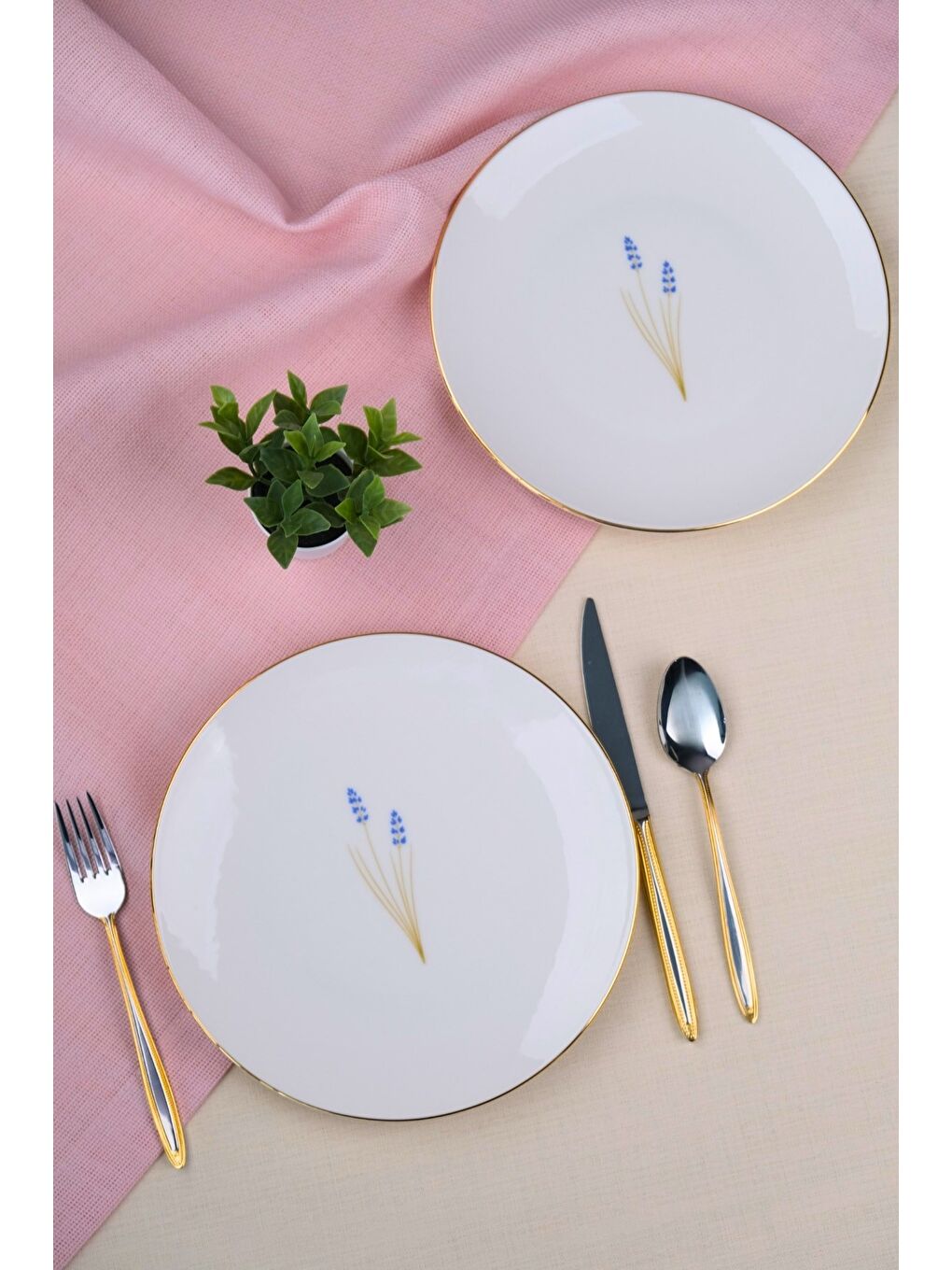 Beyaz Porselen Natura Lavanta Altın Yaldız Pasta Tabağı 20,50cm 2 li-3