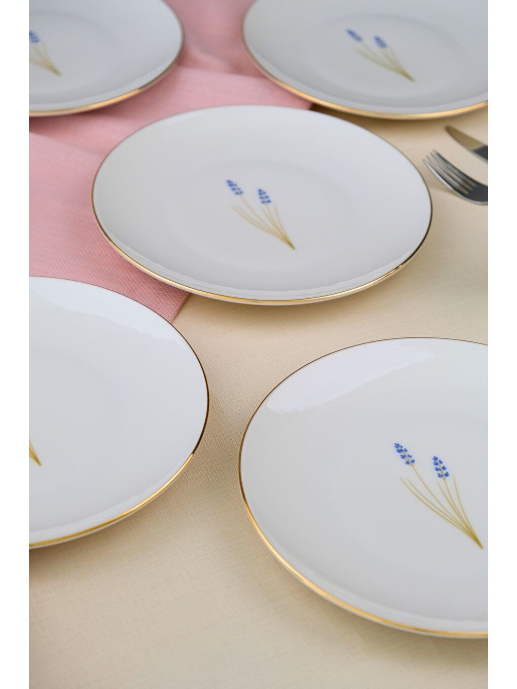 Beyaz Porselen Natura Lavanta Altın Yaldız Pasta Tabağı 20,50cm 6 lı-1