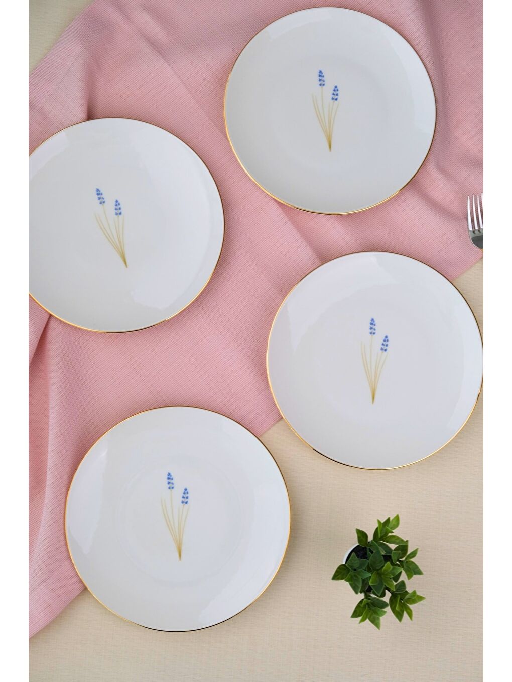 Beyaz Porselen Natura Lavanta Altın Yaldız Pasta Tabağı 20,50cm 4 lü-2
