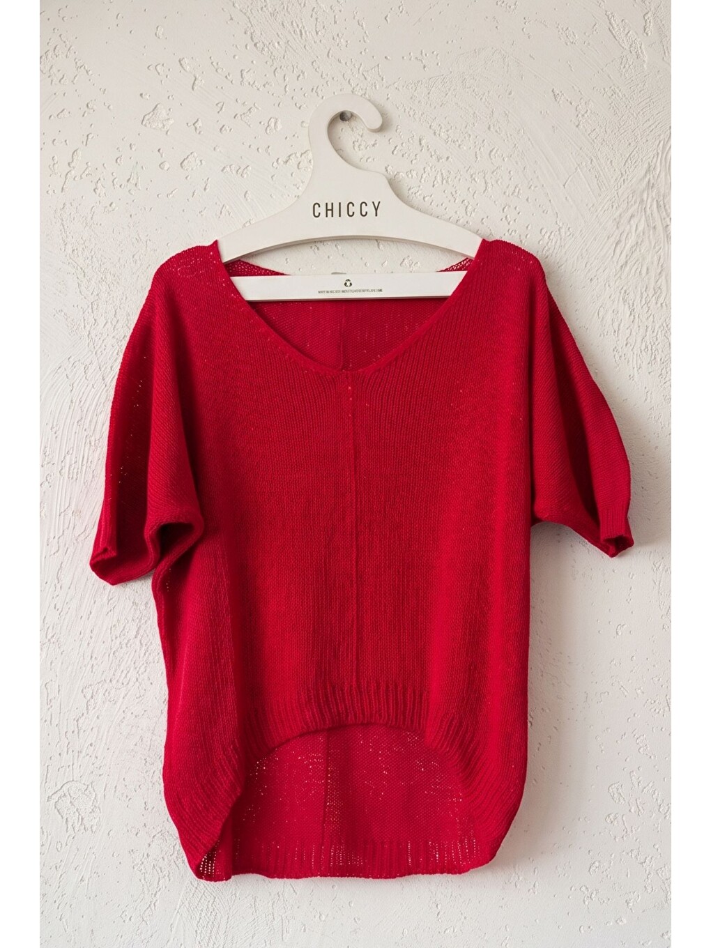 Kırmızı V Yaka Yarasa Kol İnce Casual Merserize Crop Triko Bluz 55 58-1