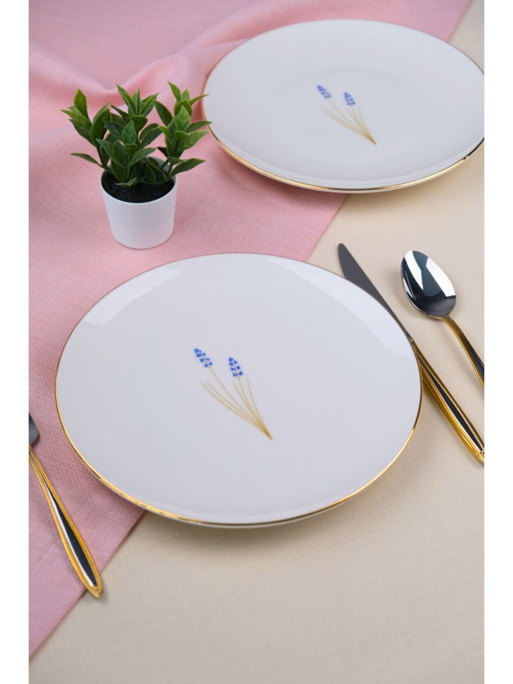 Beyaz Porselen Natura Lavanta Altın Yaldız Pasta Tabağı 20,50cm 2 li-4