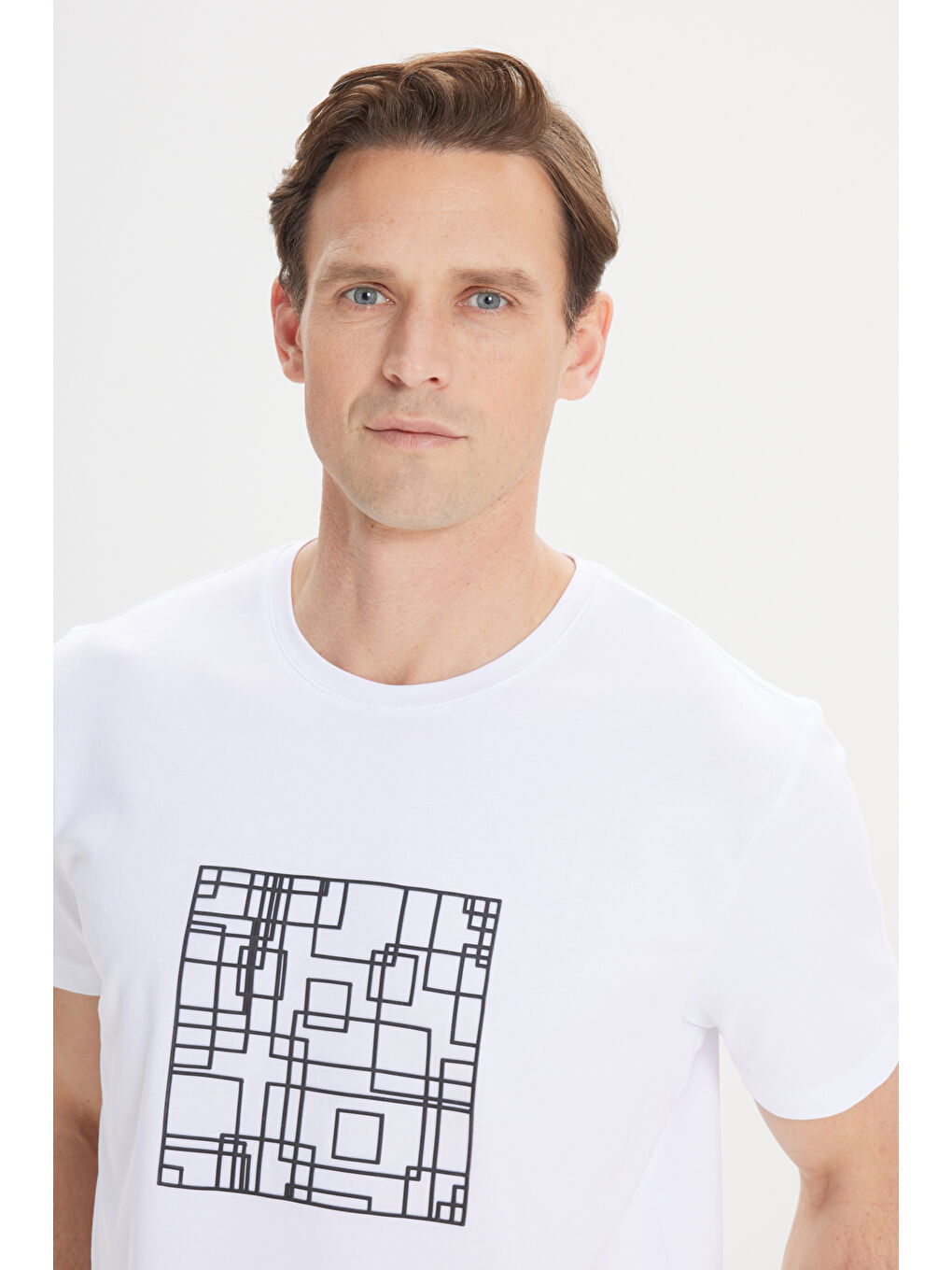 Erkek Beyaz Dar Kesim Pamuklu Esnek Baskılı Bisiklet Yaka Tişört-3