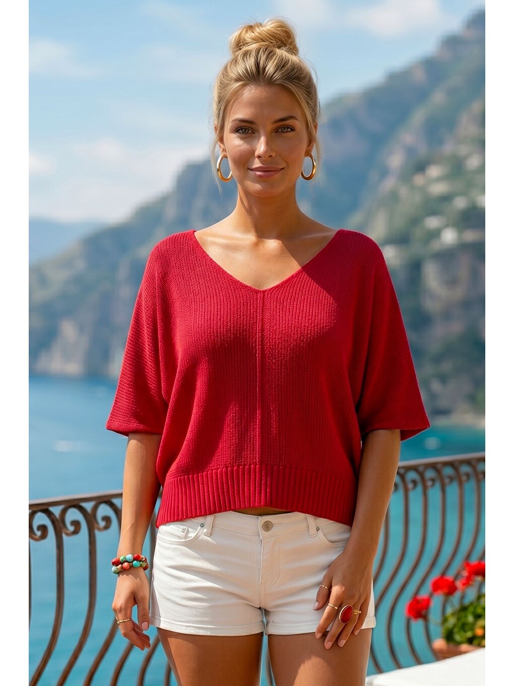 Kırmızı V Yaka Yarasa Kol İnce Casual Merserize Crop Triko Bluz 55 58-3
