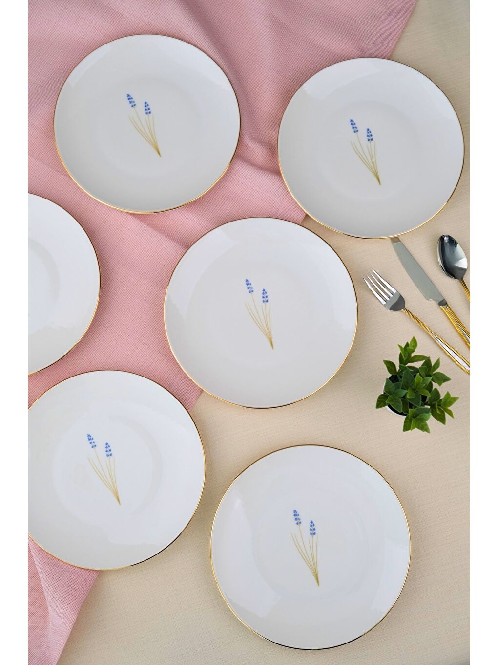 Beyaz Porselen Natura Lavanta Altın Yaldız Pasta Tabağı 20,50cm 6 lı-2