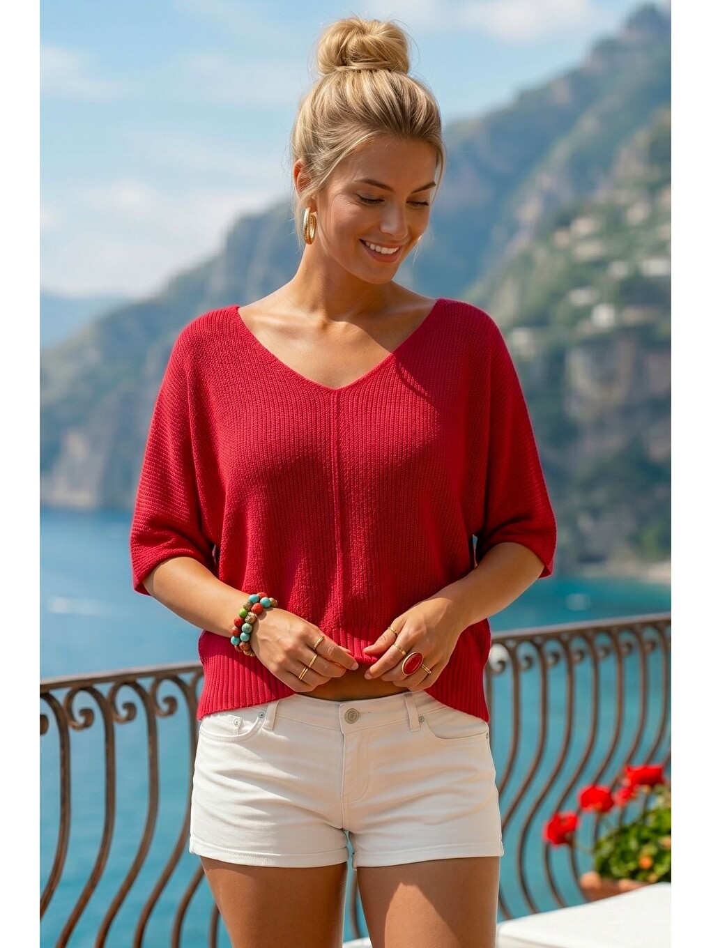 Kırmızı V Yaka Yarasa Kol İnce Casual Merserize Crop Triko Bluz 55 58-4