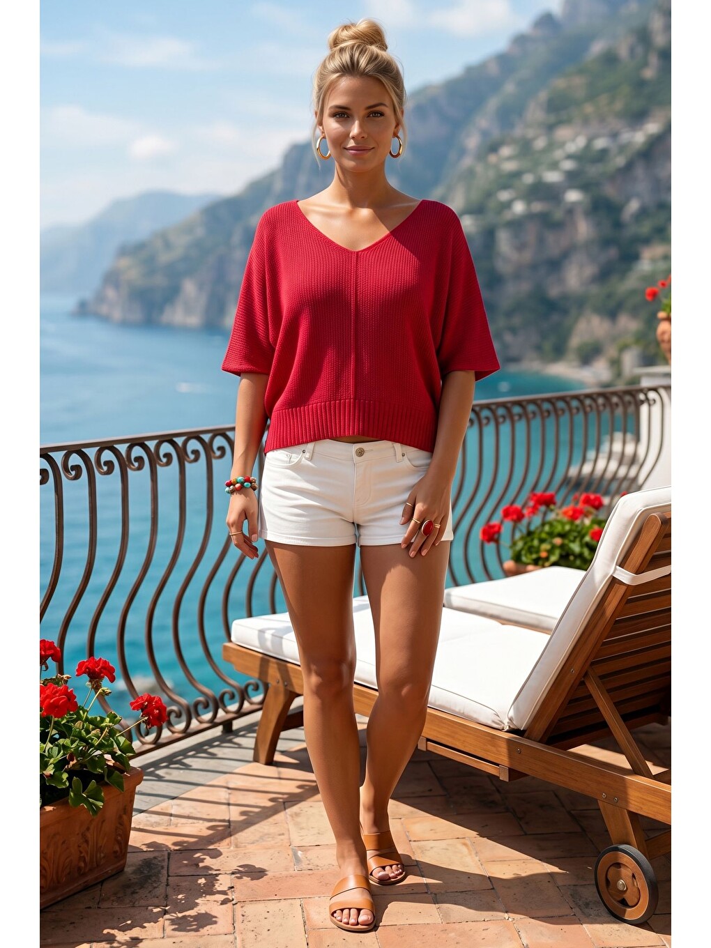 Kırmızı V Yaka Yarasa Kol İnce Casual Merserize Crop Triko Bluz 55 58-5