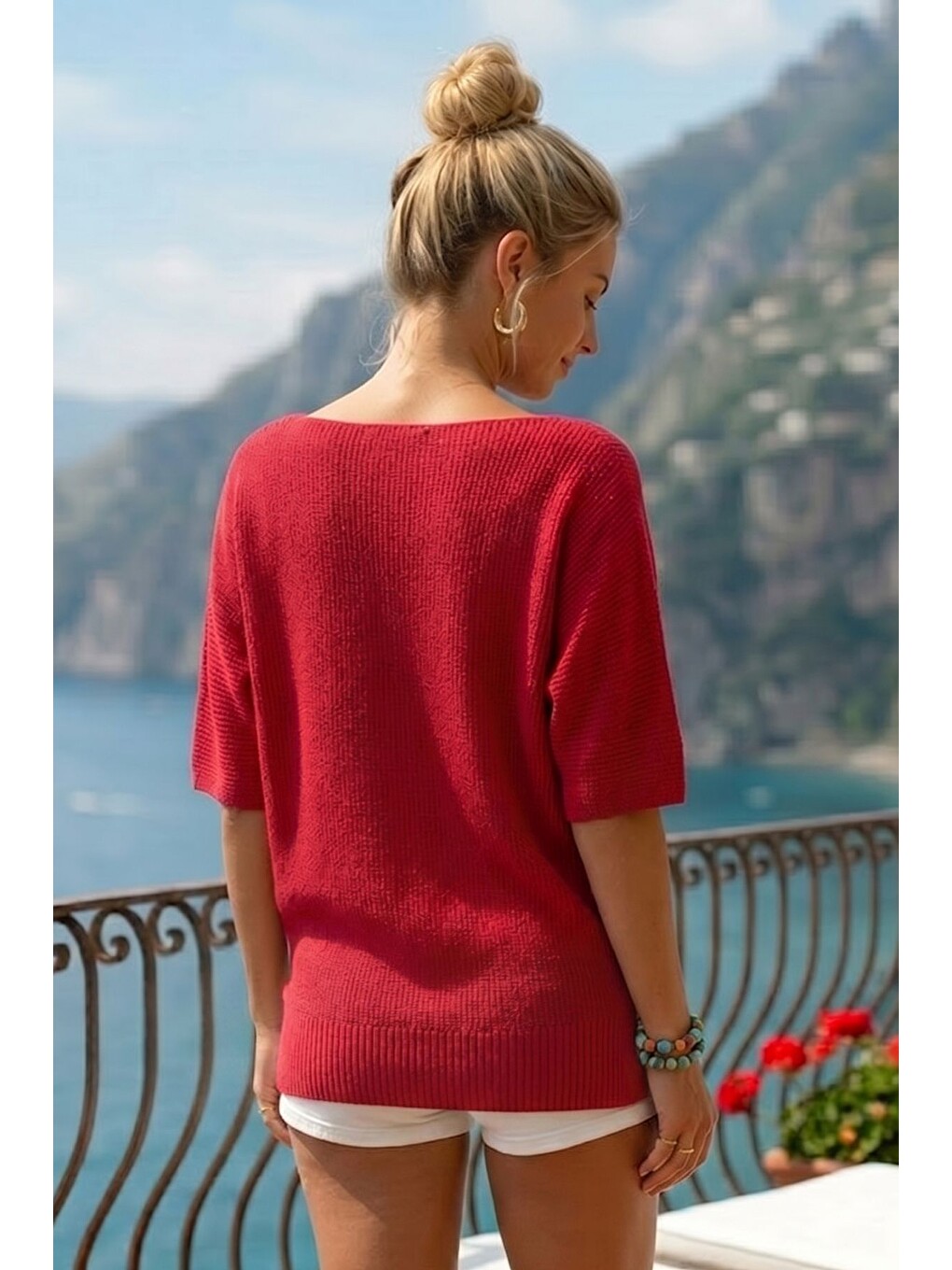 Kırmızı V Yaka Yarasa Kol İnce Casual Merserize Crop Triko Bluz 55 58-6
