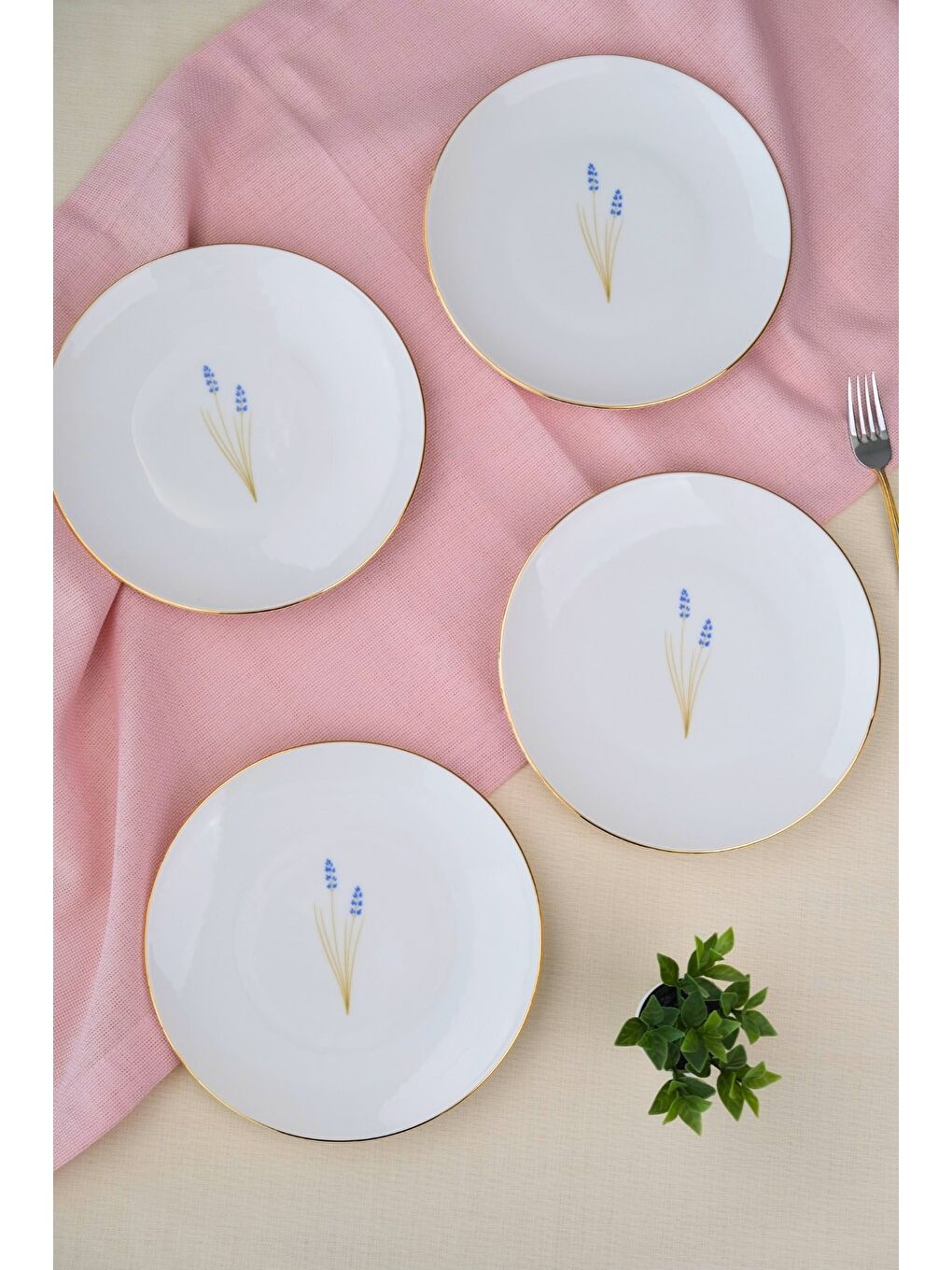 Beyaz Porselen Natura Lavanta Altın Yaldız Pasta Tabağı 20,50cm 4 lü-3