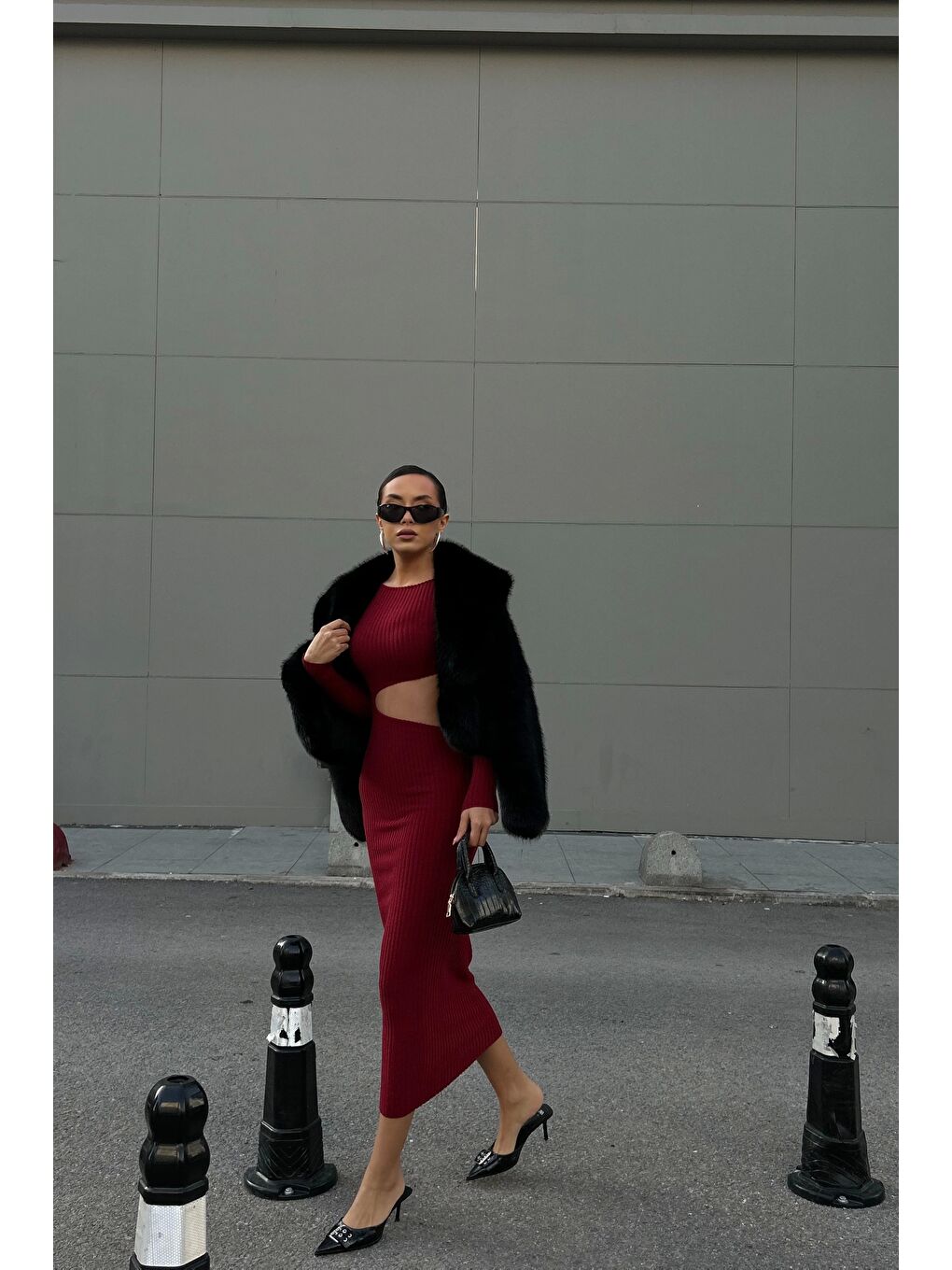 Kadın Bordo Fitilli Dekolte Elbise 0999-9218-1