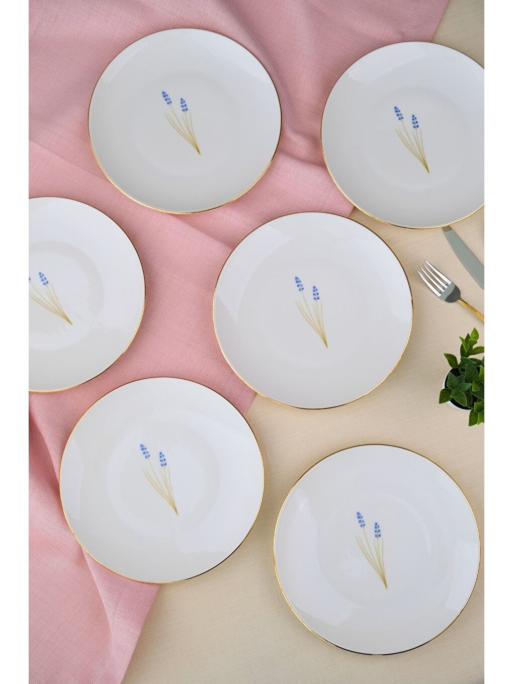 Beyaz Porselen Natura Lavanta Altın Yaldız Pasta Tabağı 20,50cm 6 lı-3