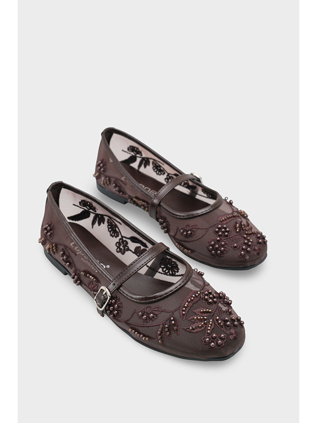 Kahverengi Mathilde Dantelli Fileli Nakışlı Kadın Babet-1